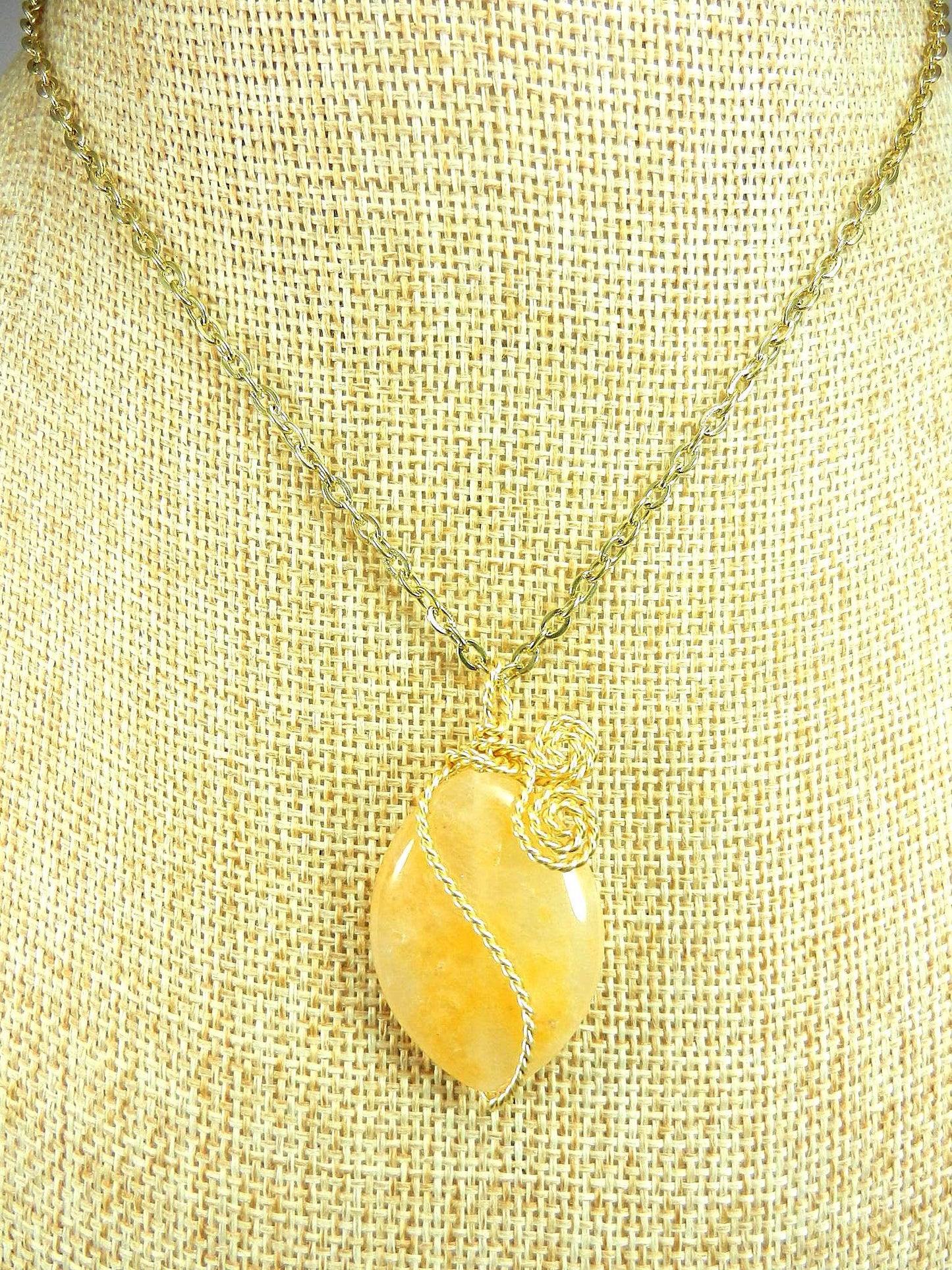 Gold Wire Wrapped Light Yellow Agate Gemstone Pendant with Matching Gold Crystal Earrings