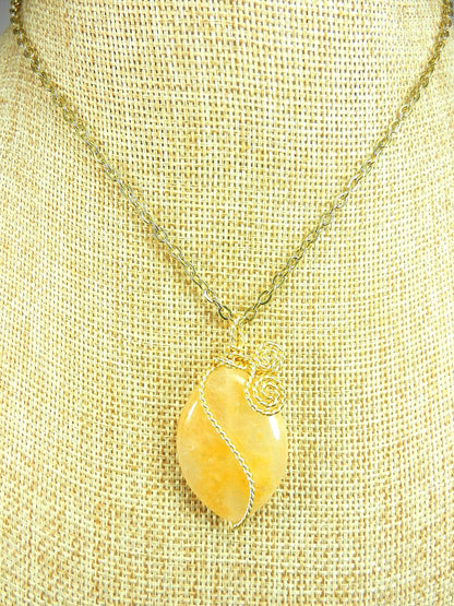 Gold Wire Wrapped Light Yellow Agate Gemstone Pendant with Matching Gold Crystal Earrings