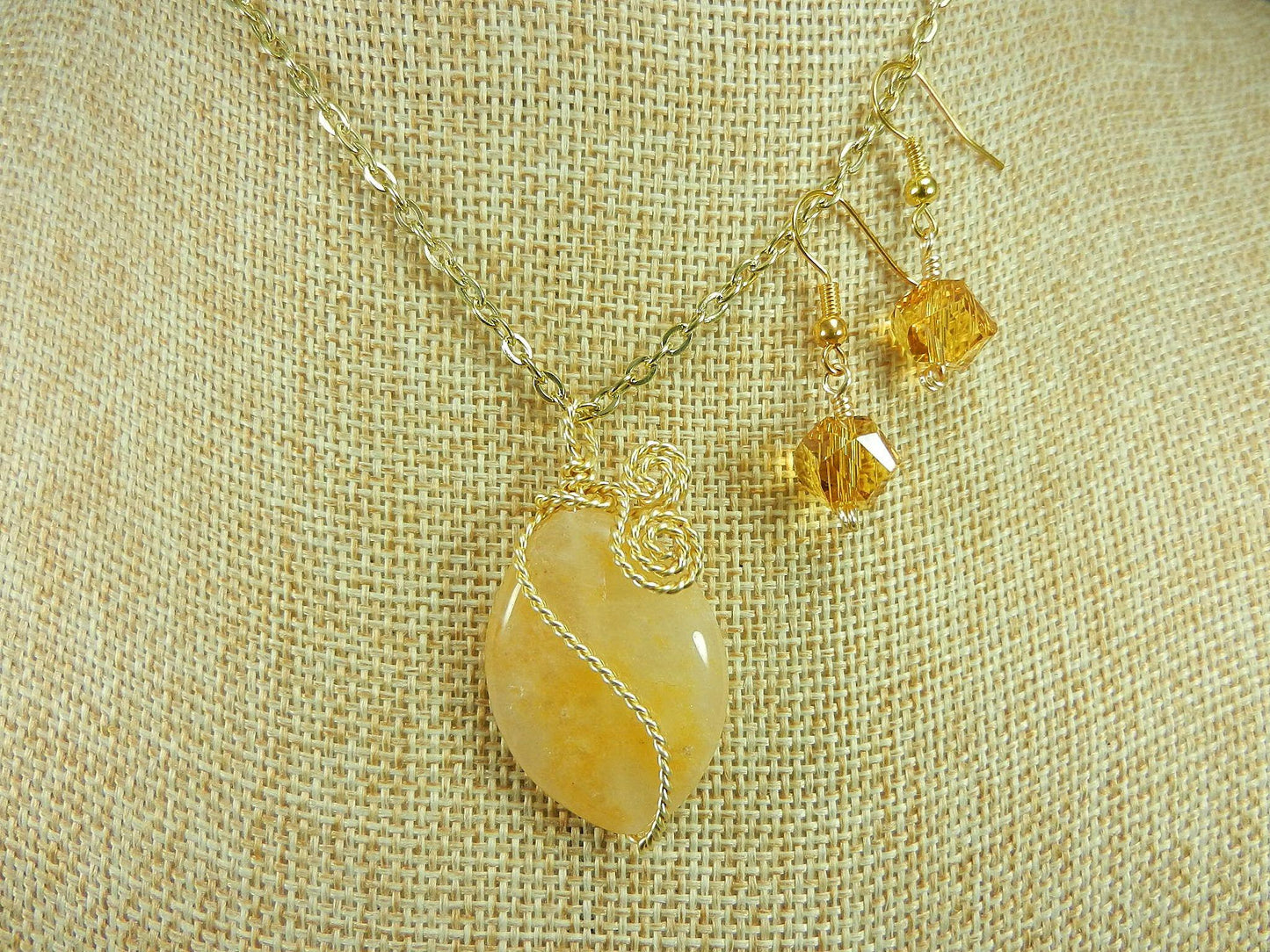 Gold Wire Wrapped Light Yellow Agate Gemstone Pendant with Matching Gold Crystal Earrings