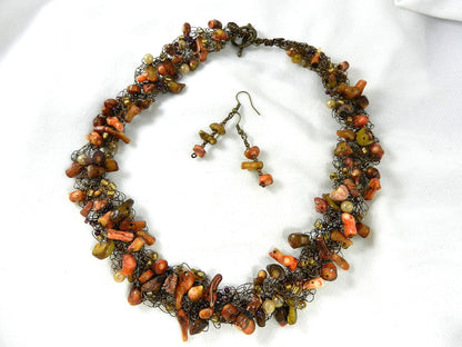 Bronze Wire Crocheted Coral Gemstone Necklace with Matching Earrings