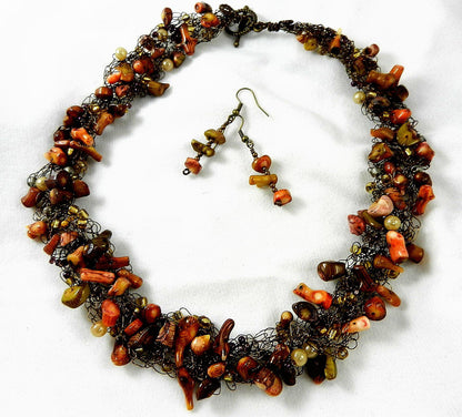 Bronze Wire Crocheted Coral Gemstone Necklace with Matching Earrings