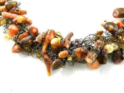 Bronze Wire Crocheted Coral Gemstone Necklace with Matching Earrings