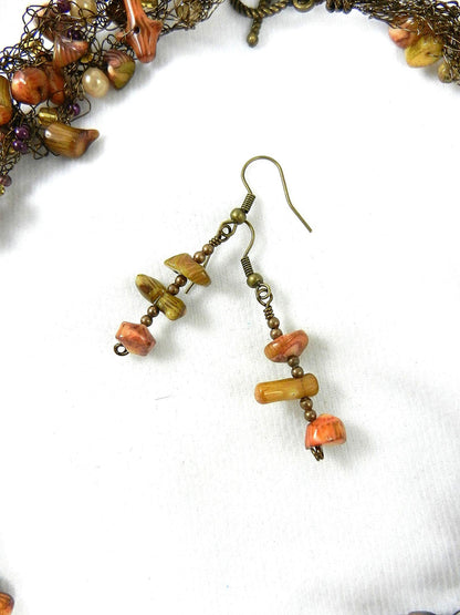 Bronze Wire Crocheted Coral Gemstone Necklace with Matching Earrings