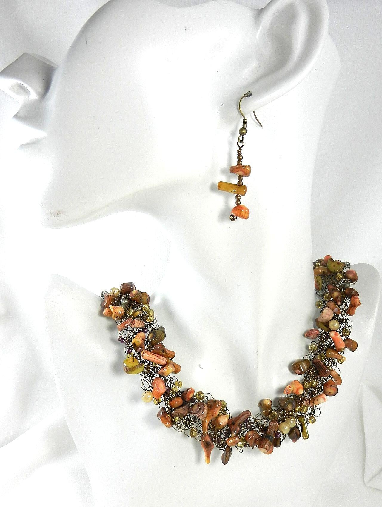 Bronze Wire Crocheted Coral Gemstone Necklace with Matching Earrings