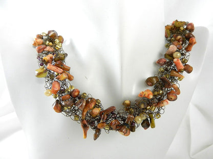 Bronze Wire Crocheted Coral Gemstone Necklace with Matching Earrings