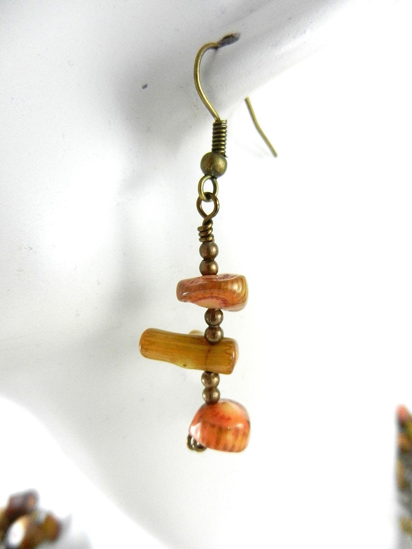 Bronze Wire Crocheted Coral Gemstone Necklace with Matching Earrings