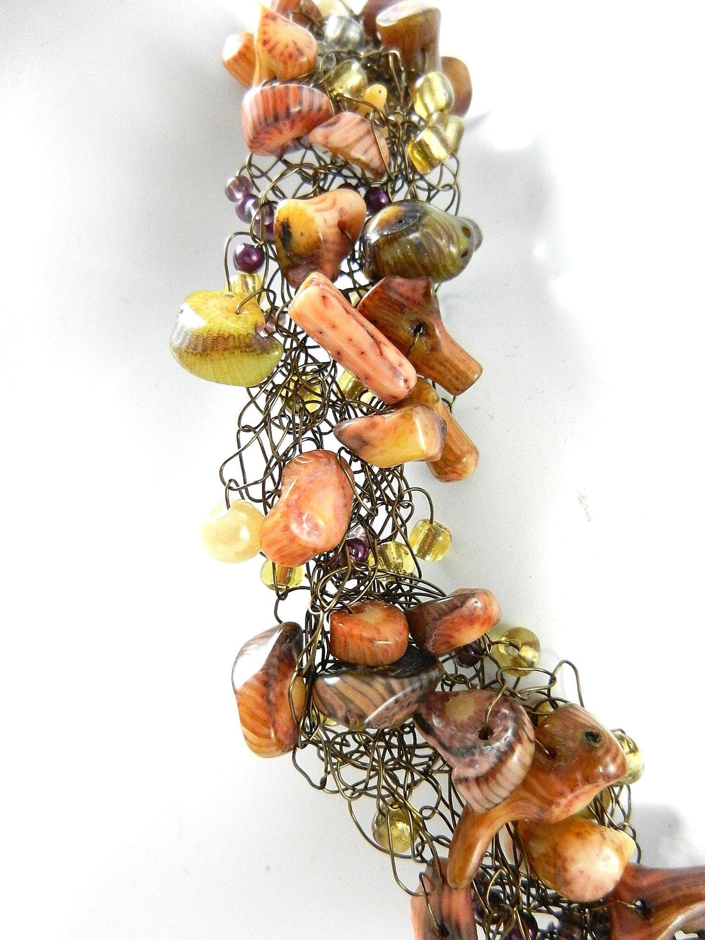 Bronze Wire Crocheted Coral Gemstone Necklace with Matching Earrings