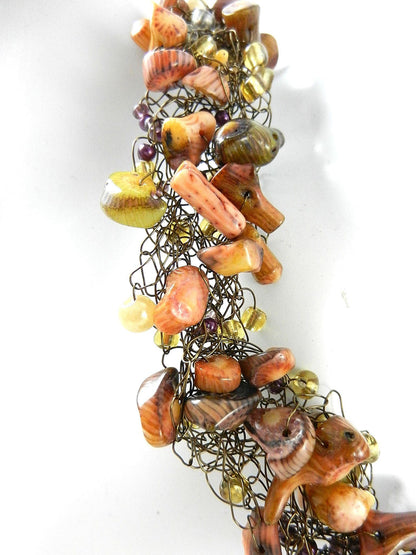 Bronze Wire Crocheted Coral Gemstone Necklace with Matching Earrings