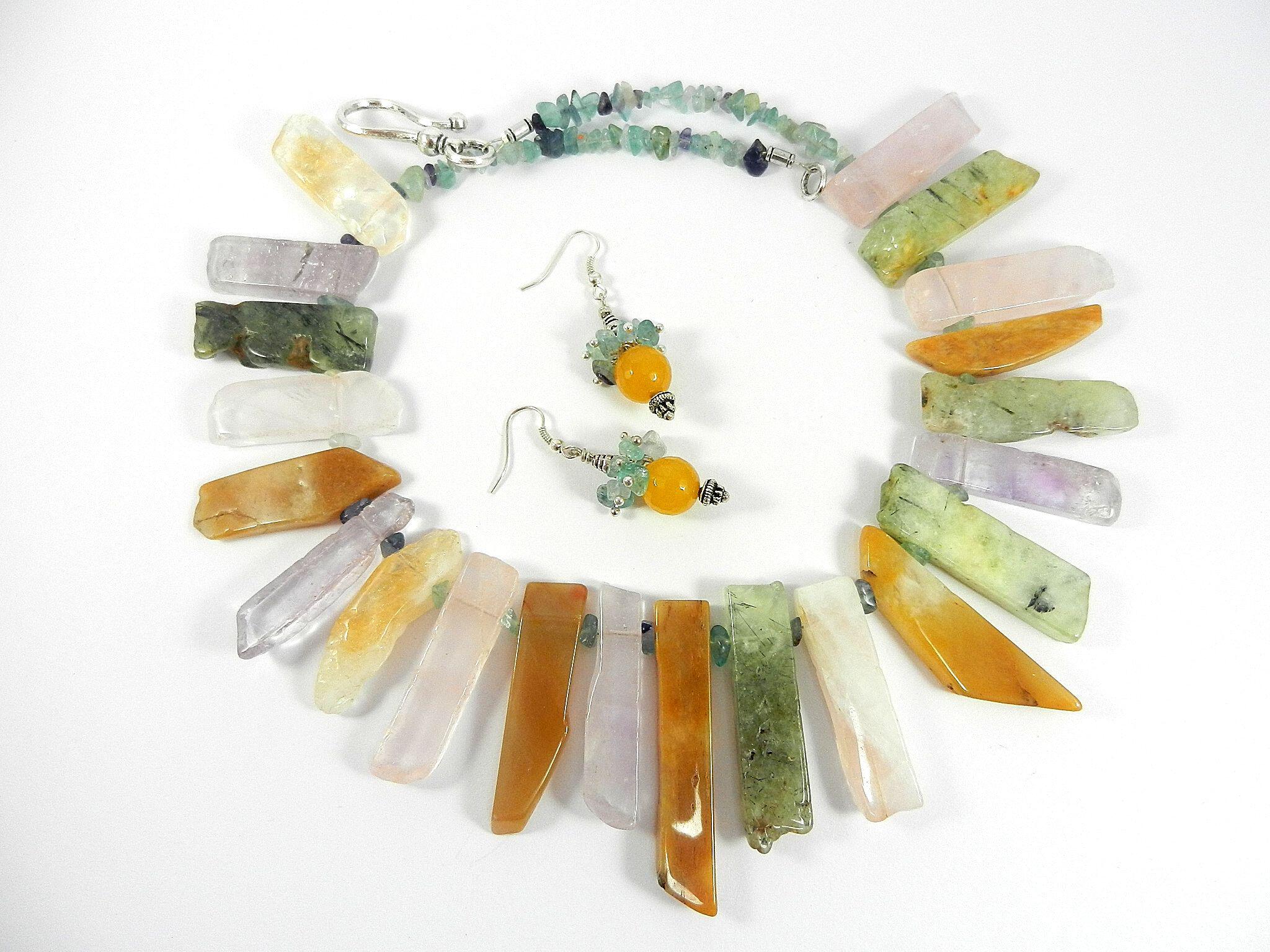 Agate and Quartz Fluorite Gemstone Necklace with Matching Gold Jade Earrings
