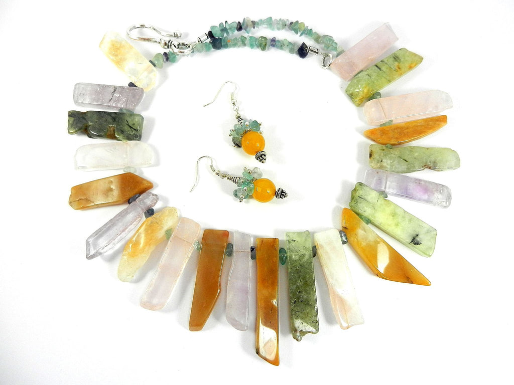Agate and Quartz Fluorite Gemstone Necklace with Matching Gold Jade Earrings