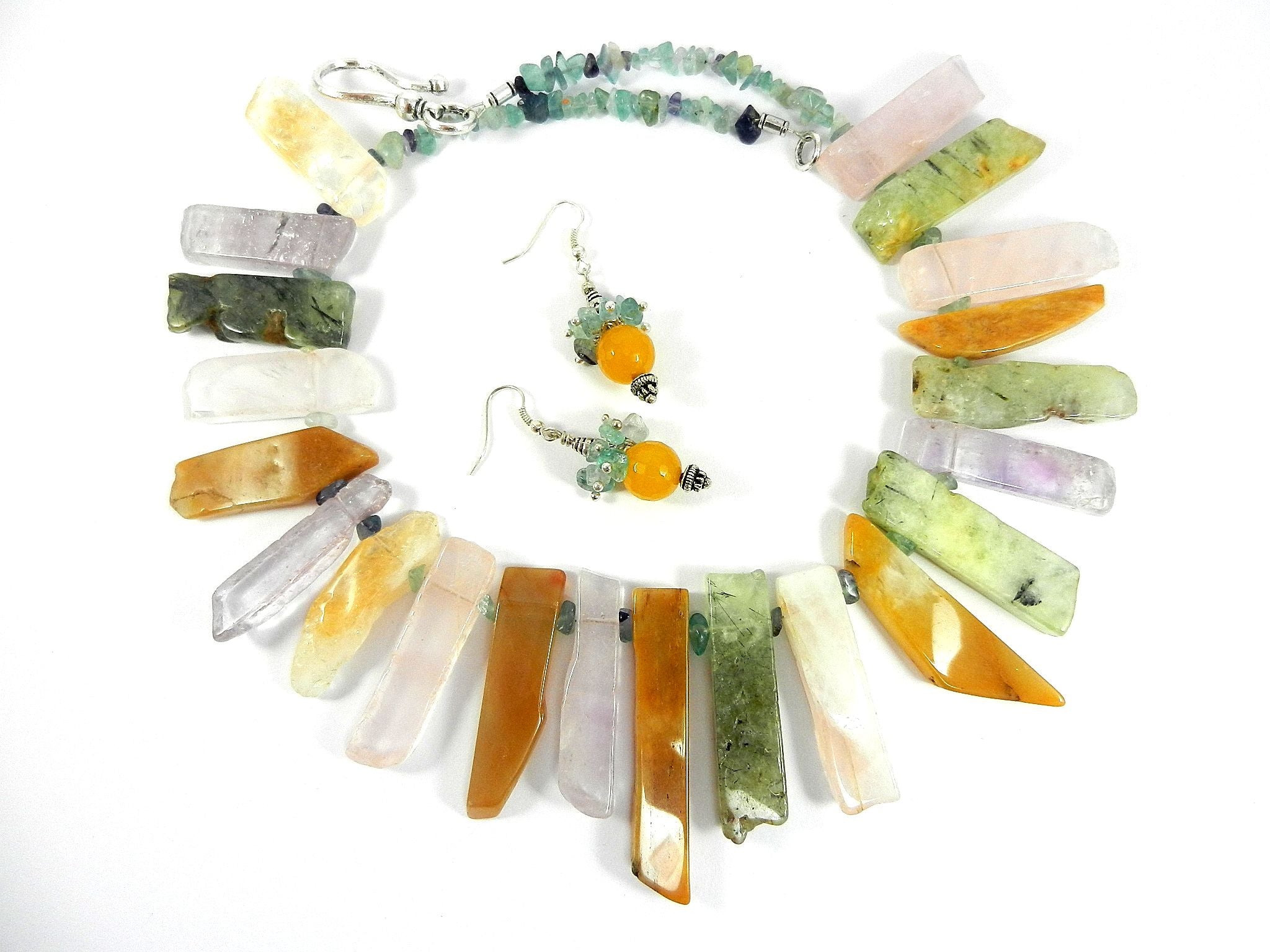 Agate and Quartz Fluorite Gemstone Necklace with Matching Gold Jade Earrings