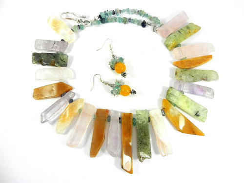 Agate and Quartz Fluorite Gemstone Necklace with Matching Gold Jade Earrings