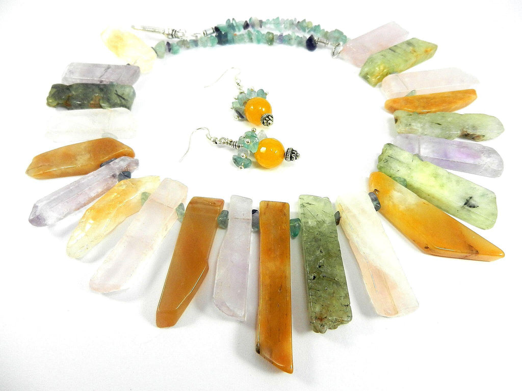 Agate and Quartz Fluorite Gemstone Necklace with Matching Gold Jade Earrings