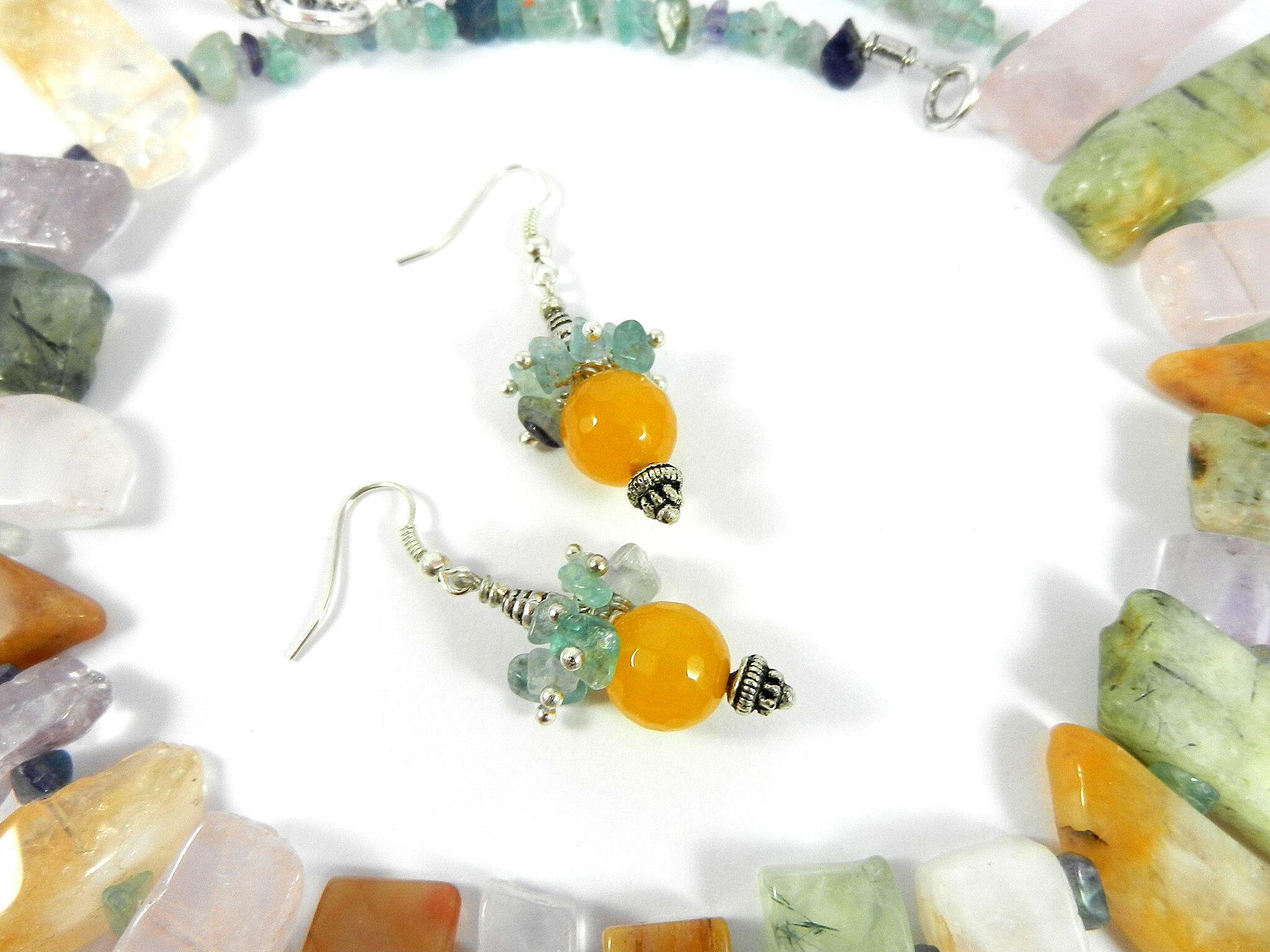 Agate and Quartz Fluorite Gemstone Necklace with Matching Gold Jade Earrings