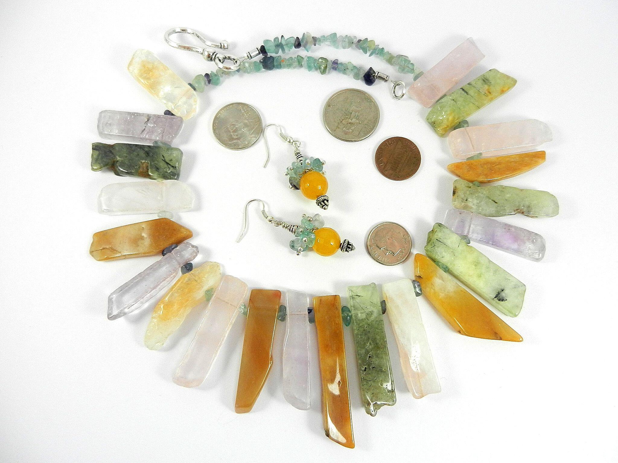 Agate and Quartz Fluorite Gemstone Necklace with Matching Gold Jade Earrings