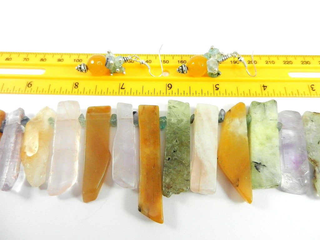 Agate and Quartz Fluorite Gemstone Necklace with Matching Gold Jade Earrings