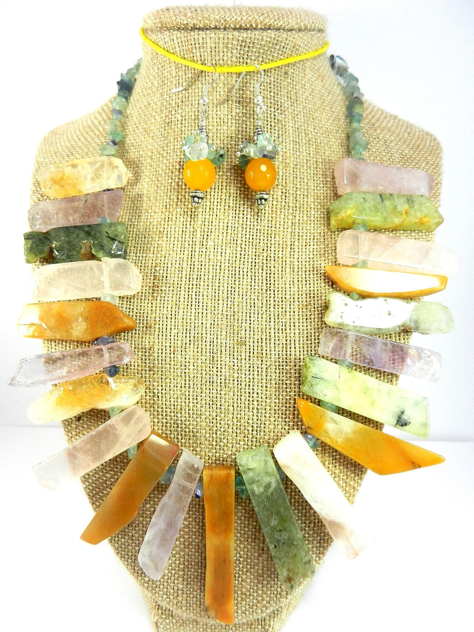 Agate and Quartz Fluorite Gemstone Necklace with Matching Gold Jade Earrings