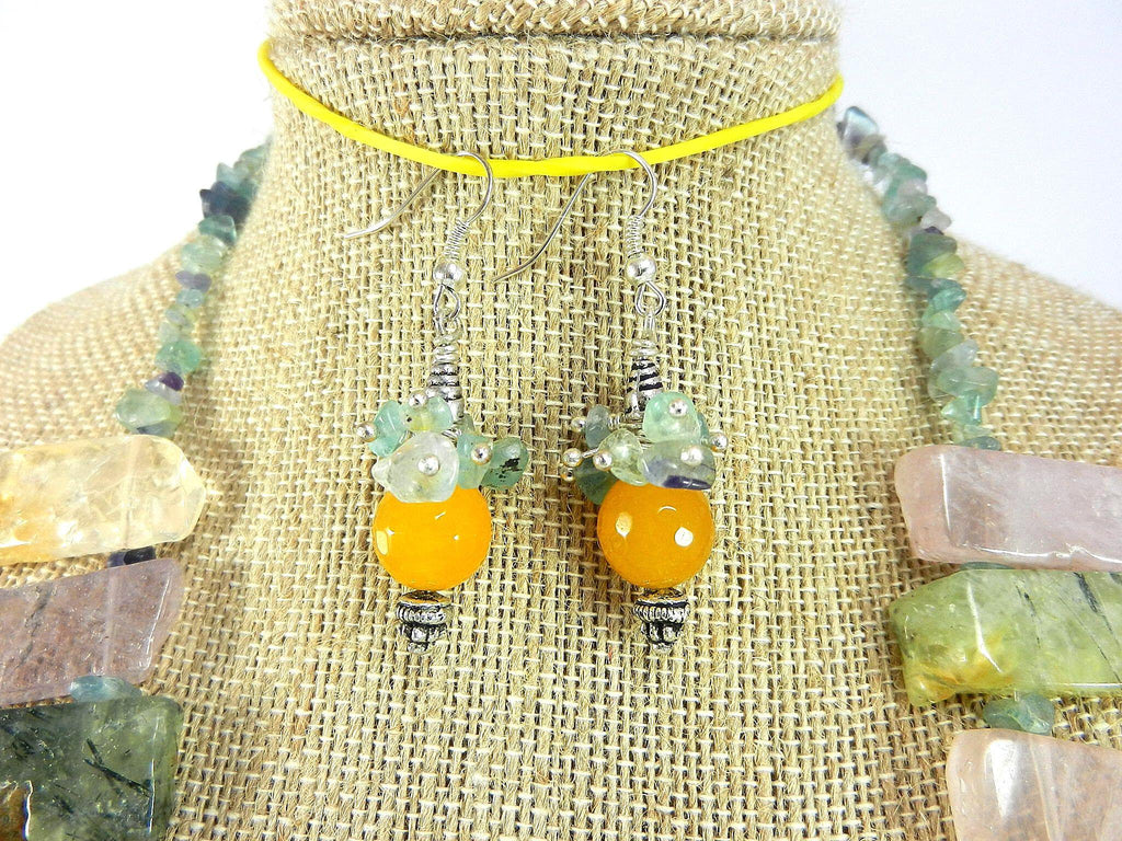 Agate and Quartz Fluorite Gemstone Necklace with Matching Gold Jade Earrings