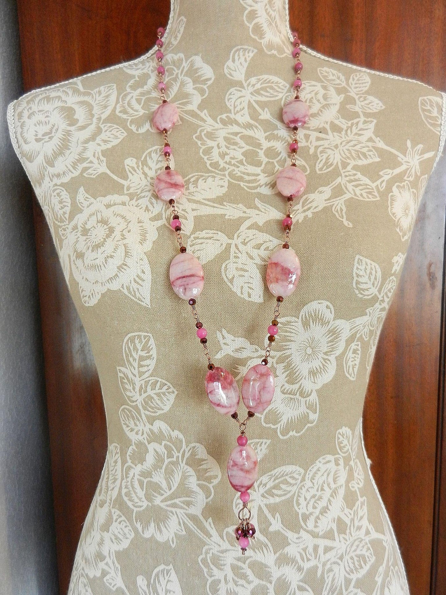 Pink Crazy Lace Agate Gemstone Necklace Copper Wire Wrapped with Pink Jade Beads Necklace and Matching Pink Jade Earrings