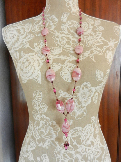 Pink Crazy Lace Agate Gemstone Necklace Copper Wire Wrapped with Pink Jade Beads Necklace and Matching Pink Jade Earrings