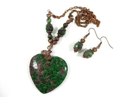 Copper Wire Wrapped Pendant Ruby in Fuchsite Heart Gemstone Necklace with Matching Earrings