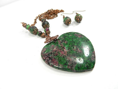 Copper Wire Wrapped Pendant Ruby in Fuchsite Heart Gemstone Necklace with Matching Earrings