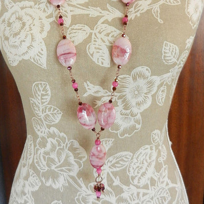 Pink Crazy Lace Agate Gemstone Necklace Copper Wire Wrapped with Pink Jade Beads Necklace and Matching Pink Jade Earrings