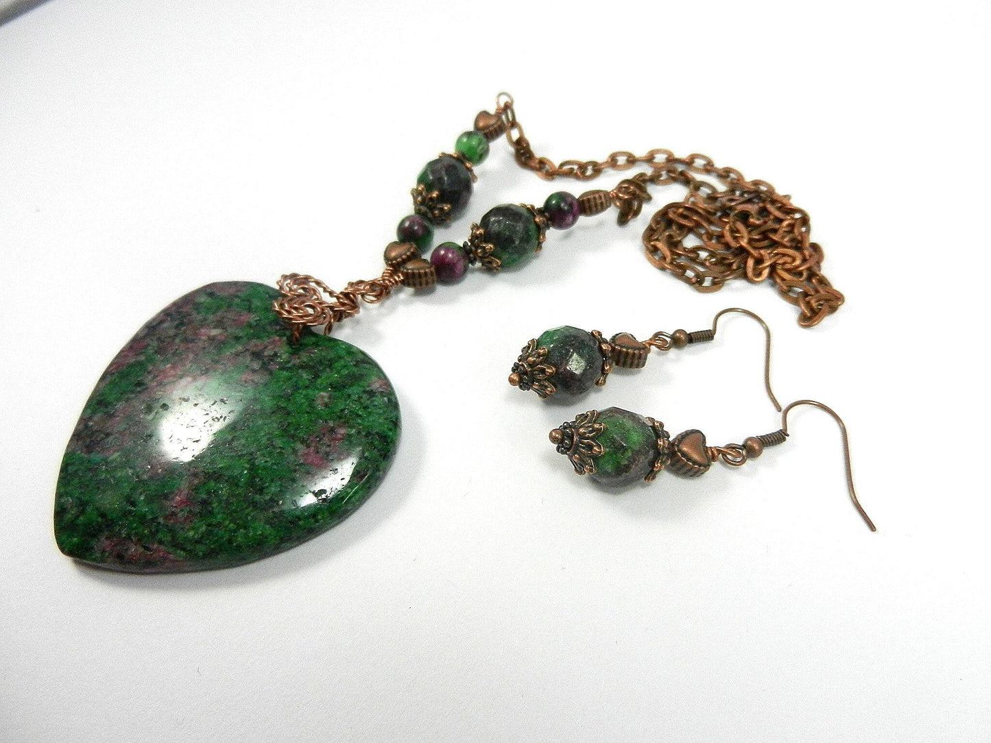 Copper Wire Wrapped Pendant Ruby in Fuchsite Heart Gemstone Necklace with Matching Earrings