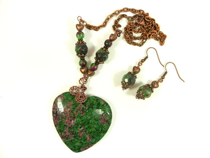 Copper Wire Wrapped Pendant Ruby in Fuchsite Heart Gemstone Necklace with Matching Earrings