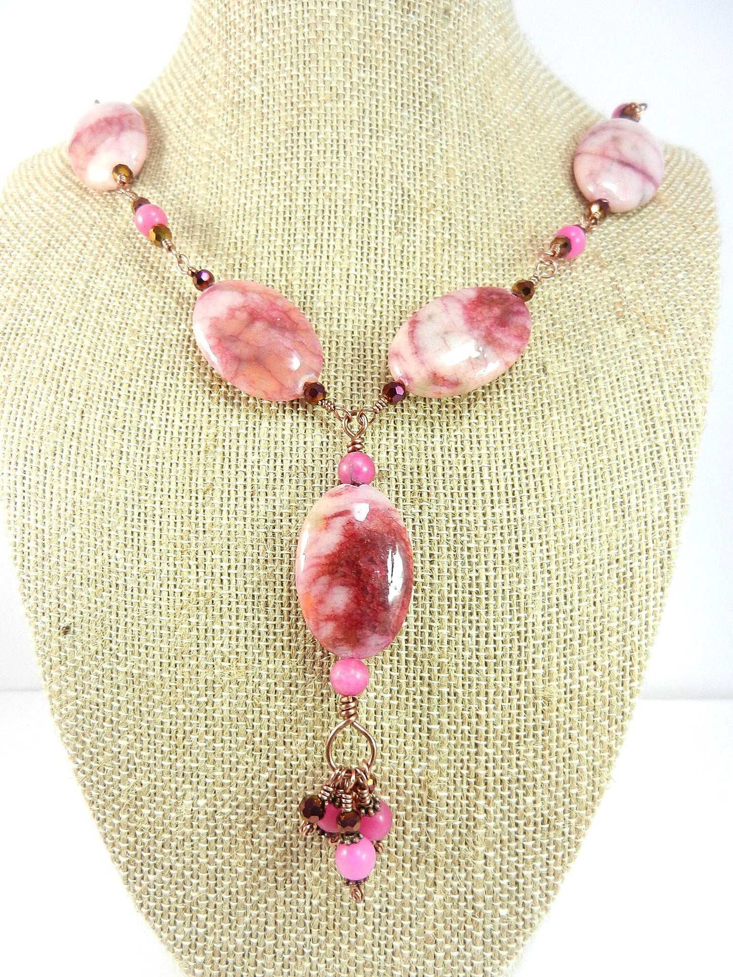 Pink Crazy Lace Agate Gemstone Necklace Copper Wire Wrapped with Pink Jade Beads Necklace and Matching Pink Jade Earrings