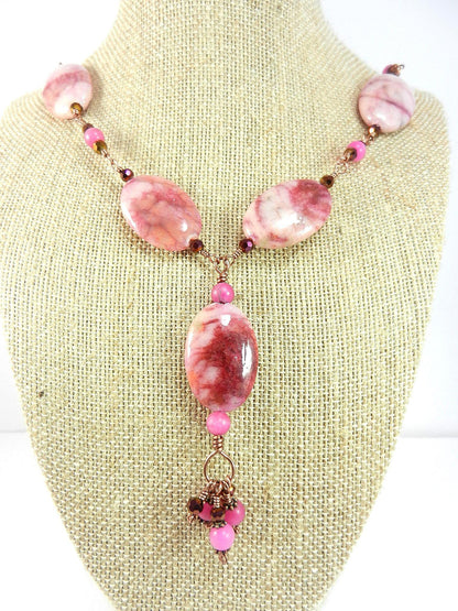 Pink Crazy Lace Agate Gemstone Necklace Copper Wire Wrapped with Pink Jade Beads Necklace and Matching Pink Jade Earrings