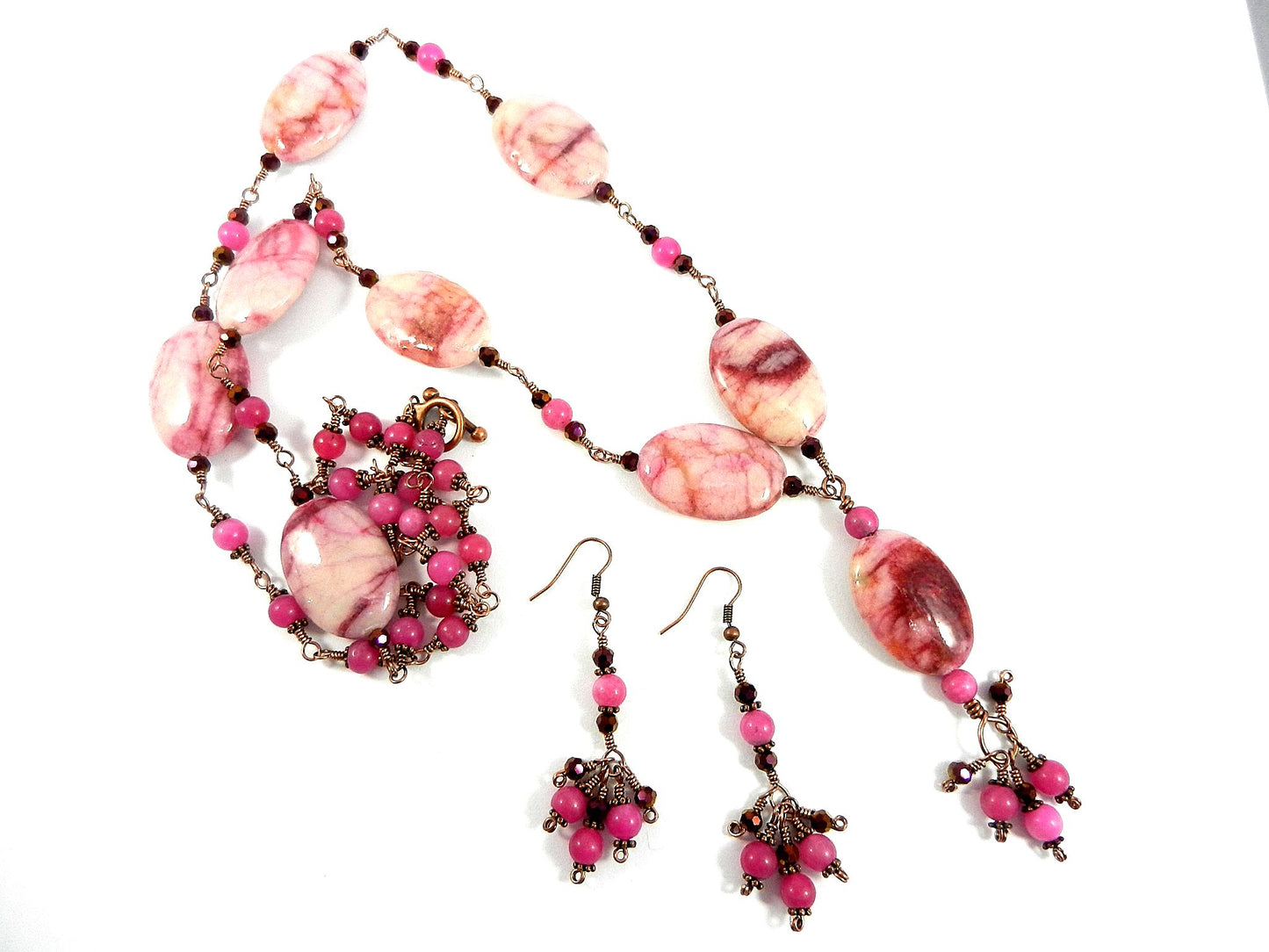 Pink Crazy Lace Agate Gemstone Necklace Copper Wire Wrapped with Pink Jade Beads Necklace and Matching Pink Jade Earrings
