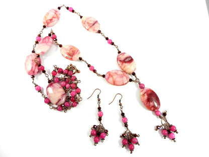 Pink Crazy Lace Agate Gemstone Necklace Copper Wire Wrapped with Pink Jade Beads Necklace and Matching Pink Jade Earrings