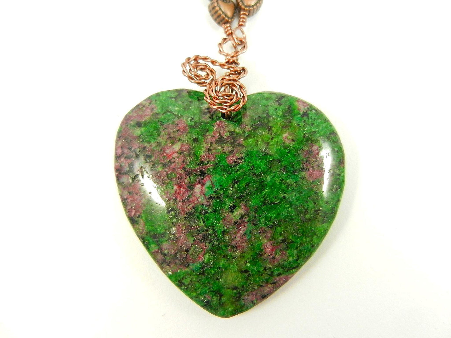 Copper Wire Wrapped Pendant Ruby in Fuchsite Heart Gemstone Necklace with Matching Earrings