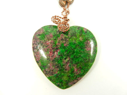 Copper Wire Wrapped Pendant Ruby in Fuchsite Heart Gemstone Necklace with Matching Earrings