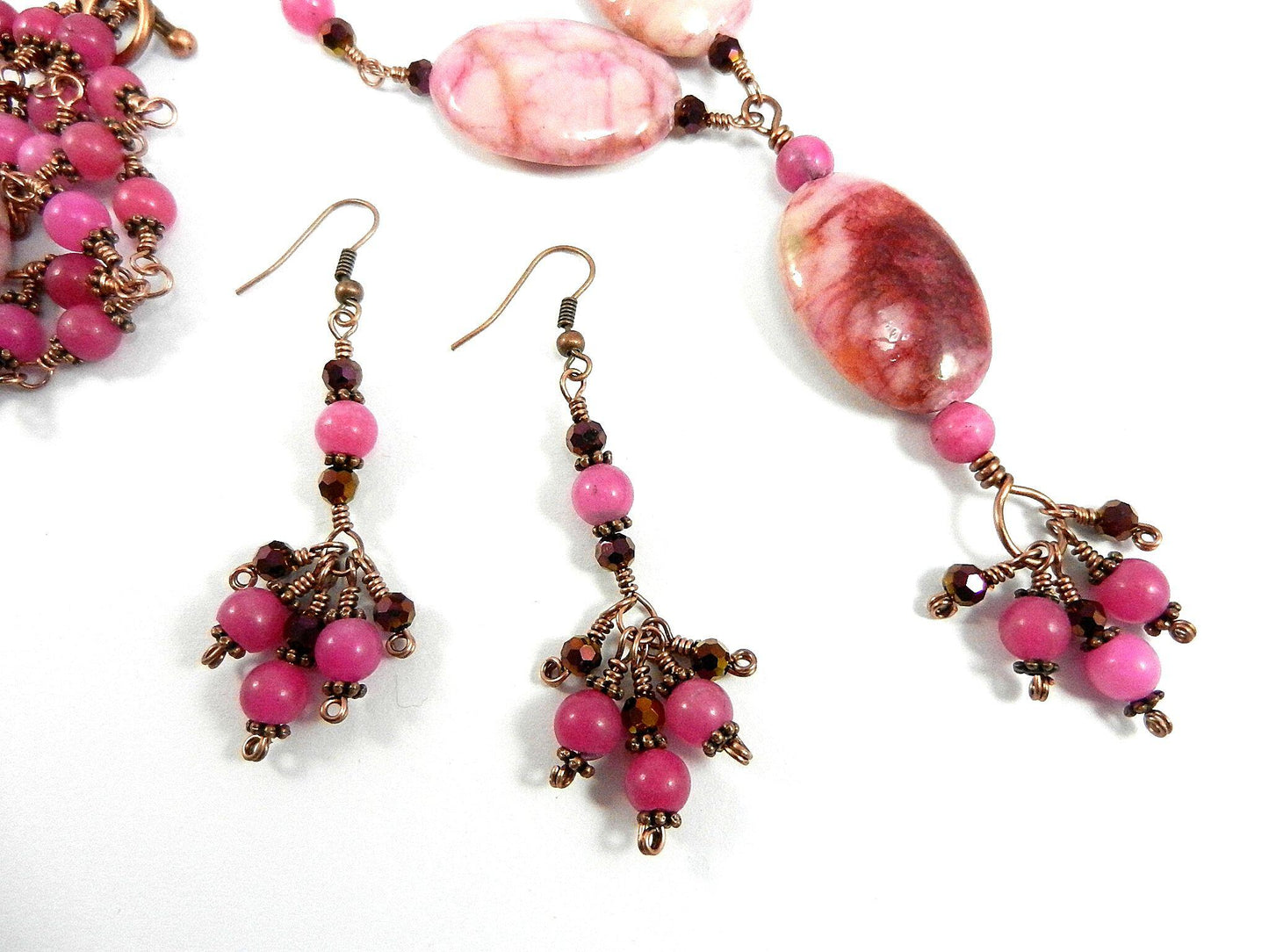 Pink Crazy Lace Agate Gemstone Necklace Copper Wire Wrapped with Pink Jade Beads Necklace and Matching Pink Jade Earrings