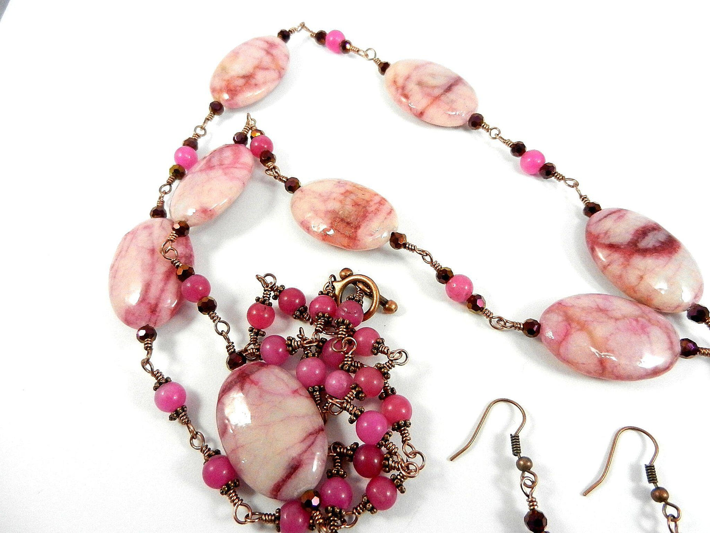 Pink Crazy Lace Agate Gemstone Necklace Copper Wire Wrapped with Pink Jade Beads Necklace and Matching Pink Jade Earrings