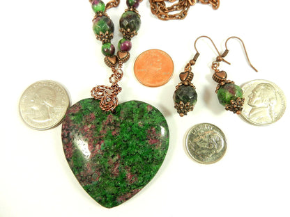 Copper Wire Wrapped Pendant Ruby in Fuchsite Heart Gemstone Necklace with Matching Earrings