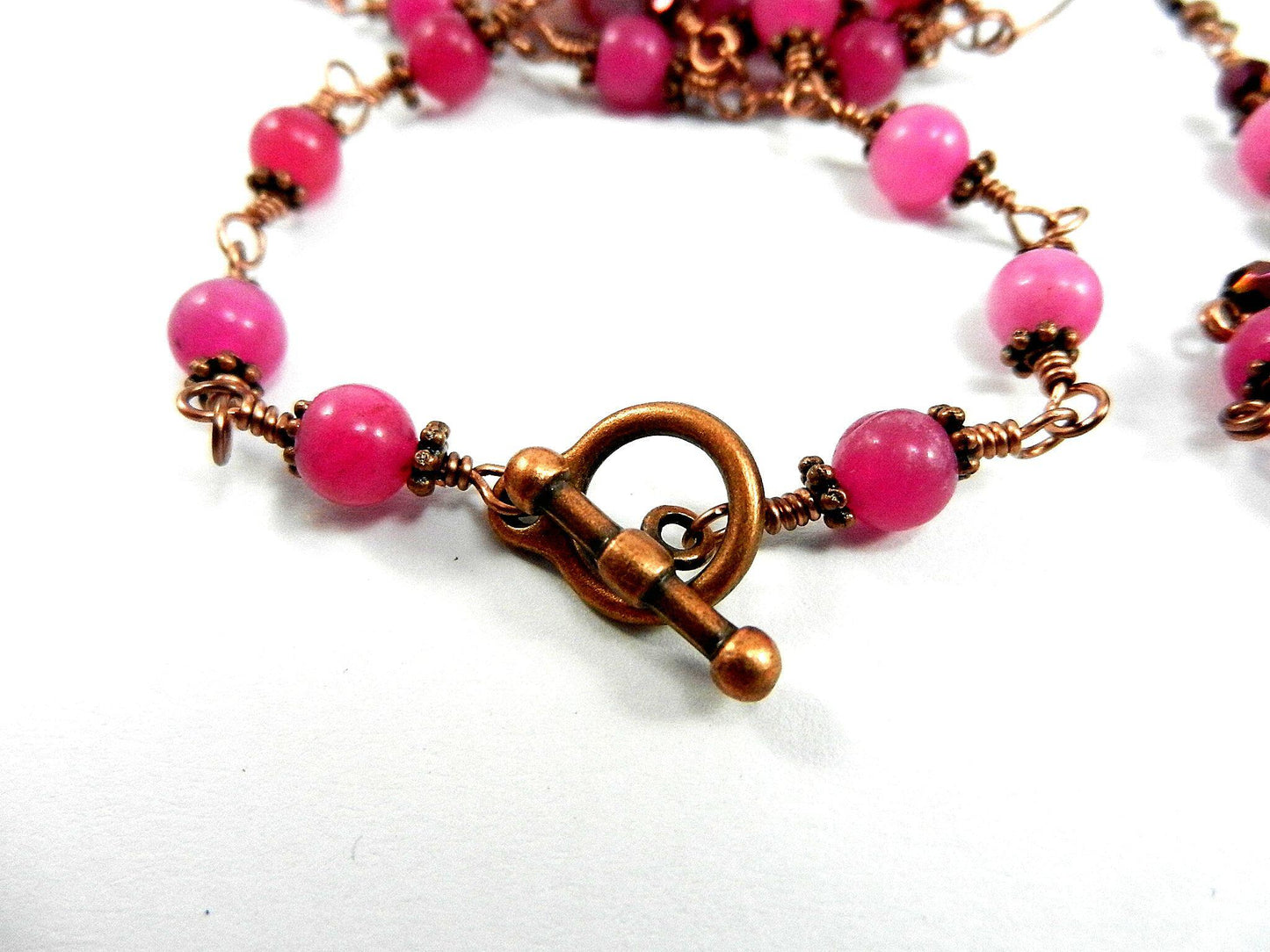 Pink Crazy Lace Agate Gemstone Necklace Copper Wire Wrapped with Pink Jade Beads Necklace and Matching Pink Jade Earrings