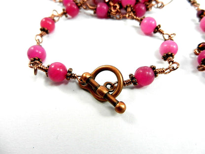 Pink Crazy Lace Agate Gemstone Necklace Copper Wire Wrapped with Pink Jade Beads Necklace and Matching Pink Jade Earrings