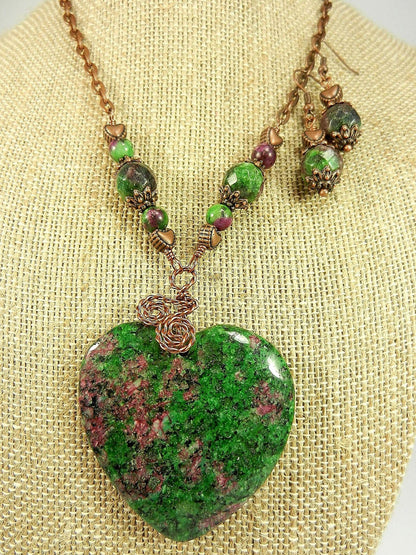Copper Wire Wrapped Pendant Ruby in Fuchsite Heart Gemstone Necklace with Matching Earrings