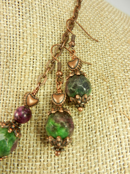 Copper Wire Wrapped Pendant Ruby in Fuchsite Heart Gemstone Necklace with Matching Earrings