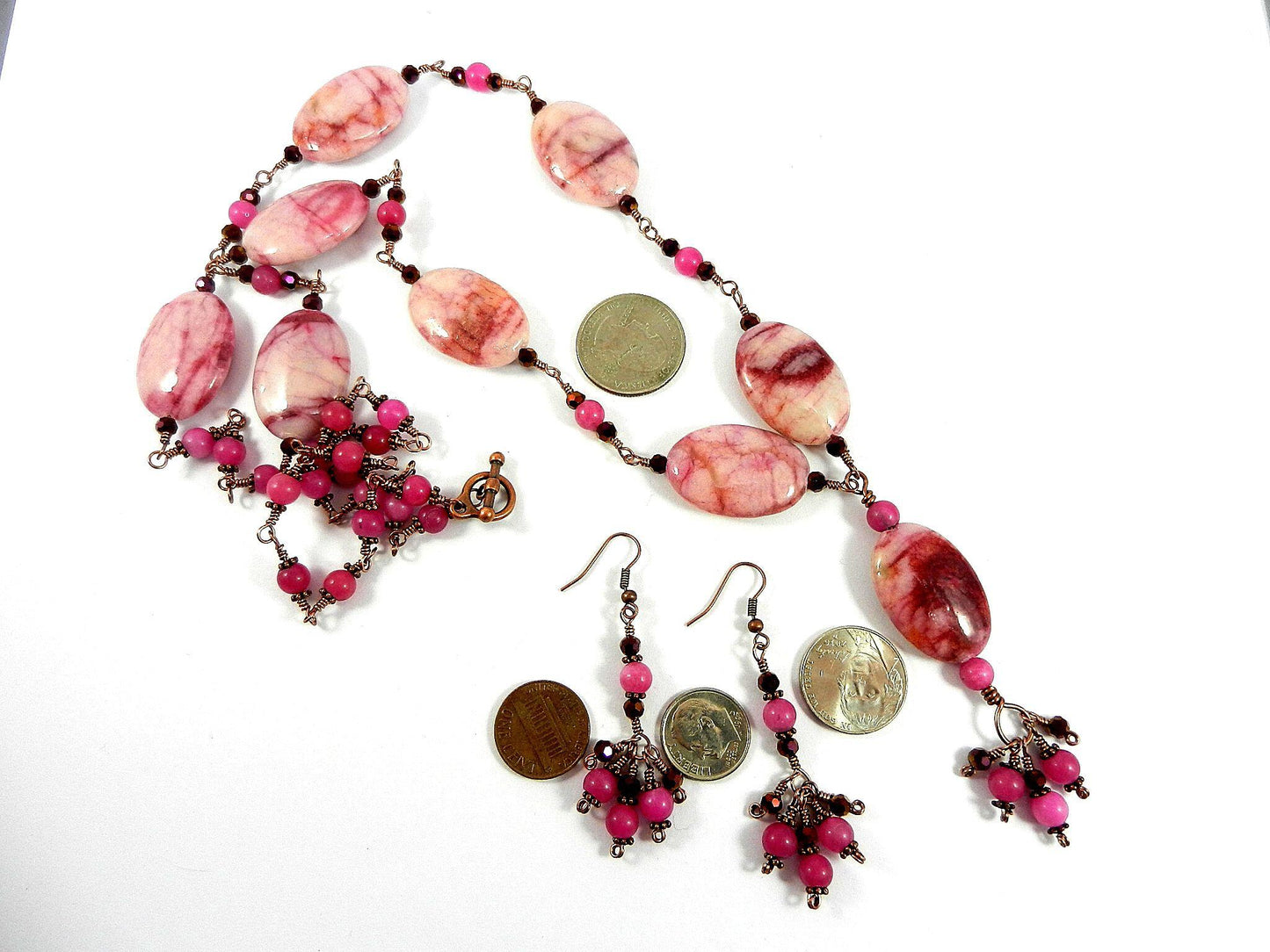 Pink Crazy Lace Agate Gemstone Necklace Copper Wire Wrapped with Pink Jade Beads Necklace and Matching Pink Jade Earrings