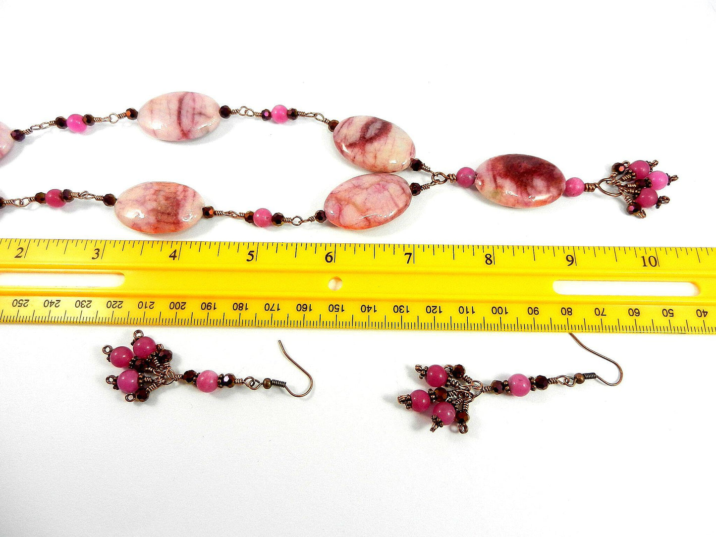 Pink Crazy Lace Agate Gemstone Necklace Copper Wire Wrapped with Pink Jade Beads Necklace and Matching Pink Jade Earrings