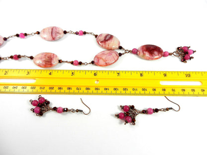 Pink Crazy Lace Agate Gemstone Necklace Copper Wire Wrapped with Pink Jade Beads Necklace and Matching Pink Jade Earrings