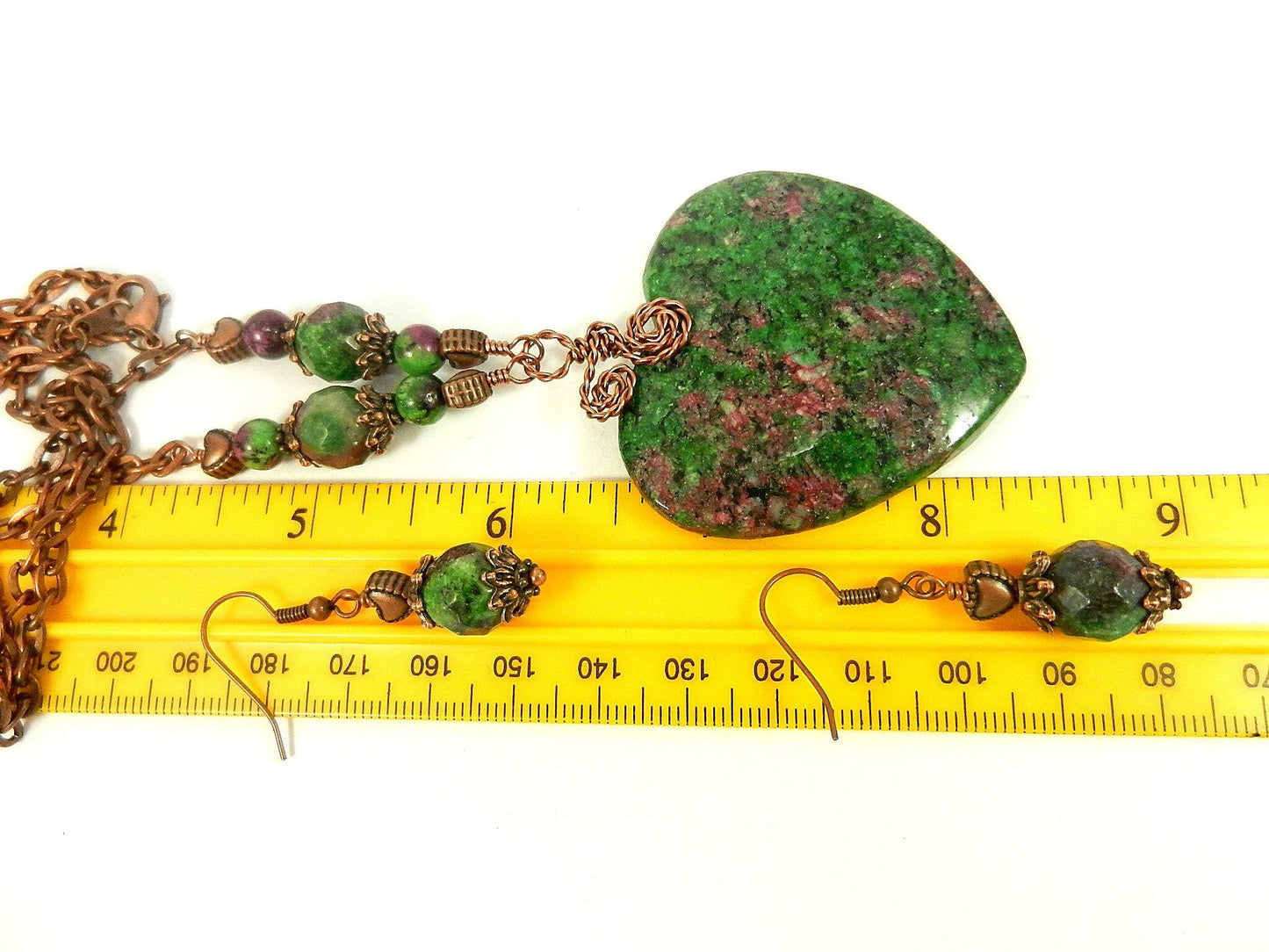 Copper Wire Wrapped Pendant Ruby in Fuchsite Heart Gemstone Necklace with Matching Earrings