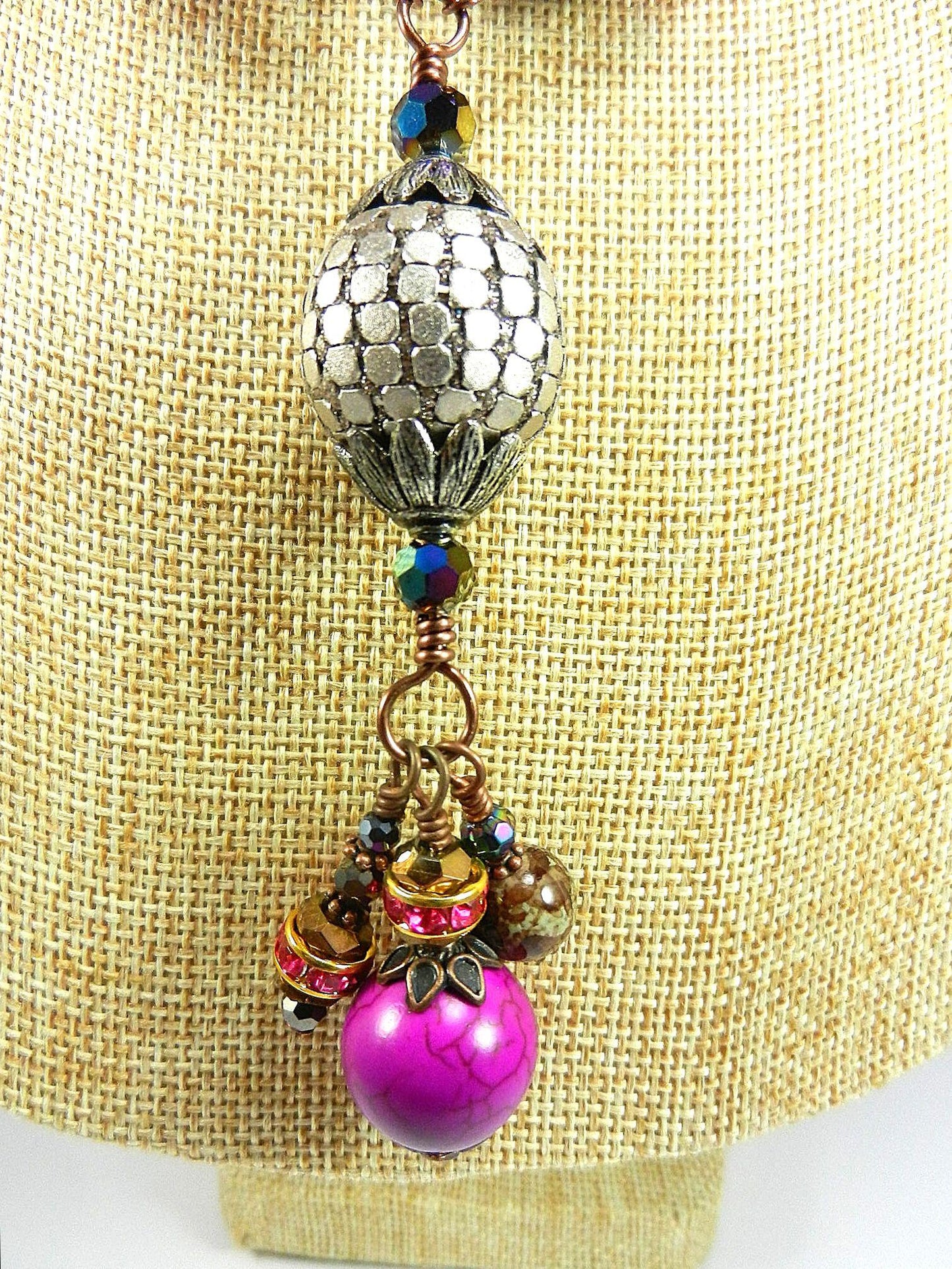 Pink Turquoise Tassel Antique Copper Wire Wrapped Necklace with Ceramic Beads with Matching Earrings