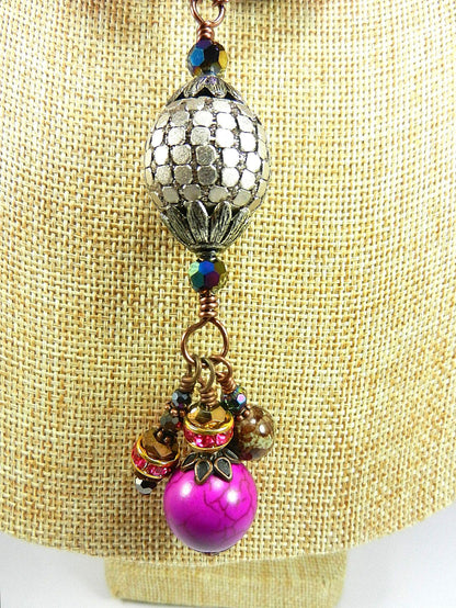 Pink Turquoise Tassel Antique Copper Wire Wrapped Necklace with Ceramic Beads with Matching Earrings