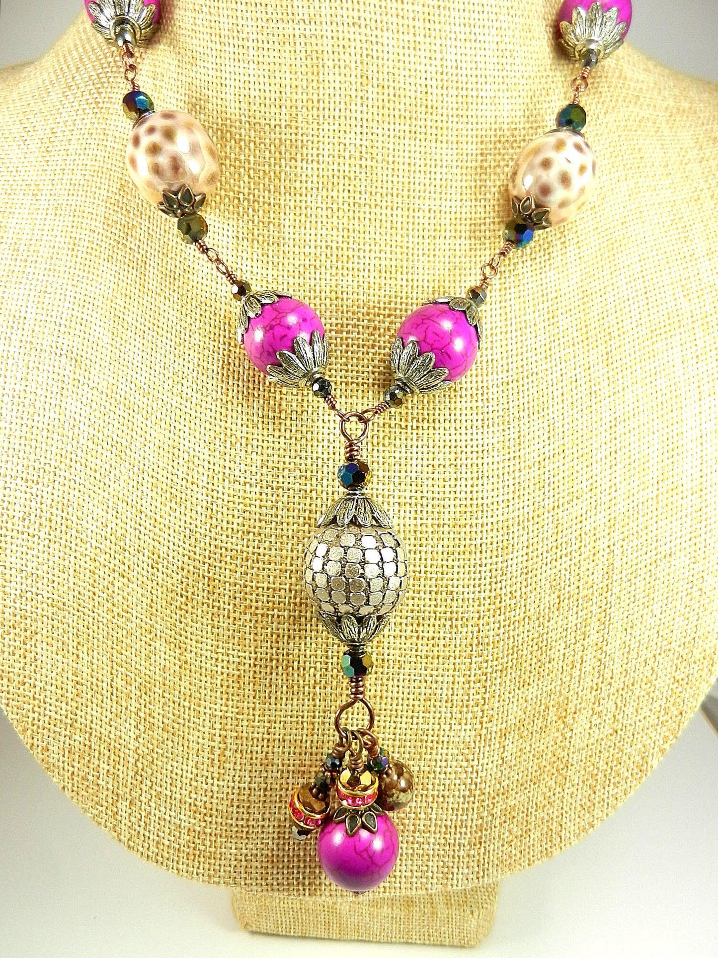 Pink Turquoise Tassel Antique Copper Wire Wrapped Necklace with Ceramic Beads with Matching Earrings