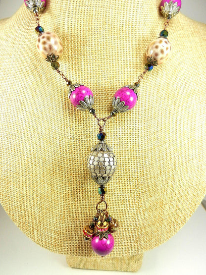 Pink Turquoise Tassel Antique Copper Wire Wrapped Necklace with Ceramic Beads with Matching Earrings